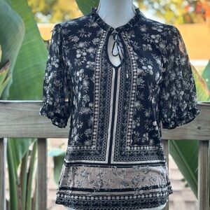 Lucky Brand Boho Tunic Blouse-Black & Cream Floral, 3/4 Sleeves Size S/P